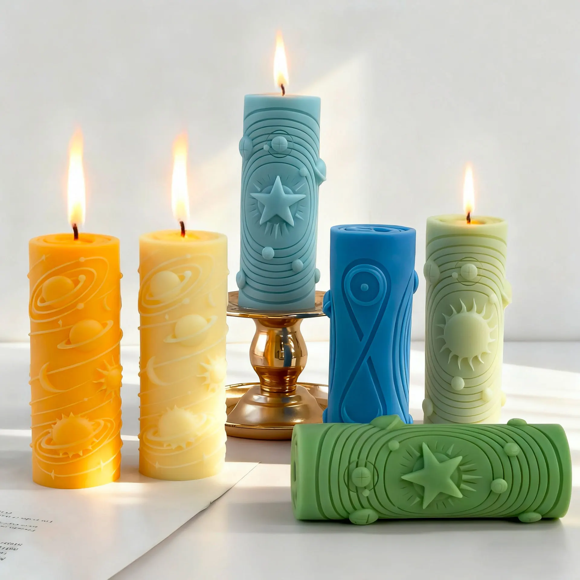DIY Planet Universe Series Silicone Mold Handmade Cylinder Relief Star Sun Aroma Candle Molds Ramadan Candle Making Supplies