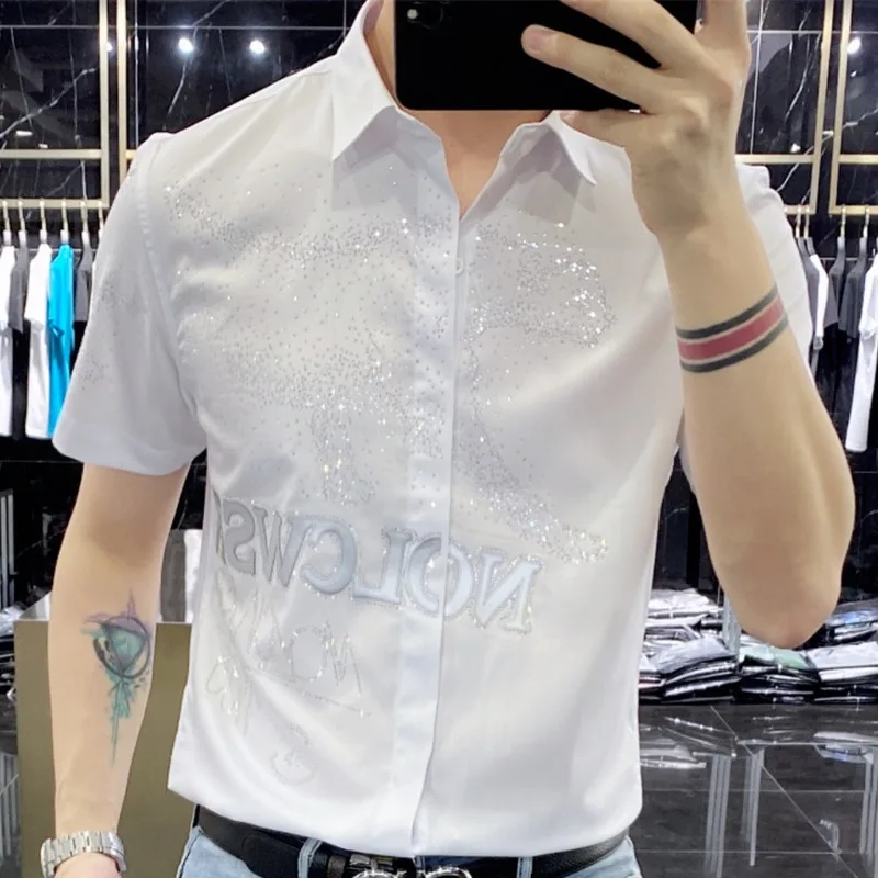 2023 Rhinestone Letter Printed Shirt Summer Men Slim Fit Short Sleeve Casual Shirt  Men Clothing Business Social Party Tuxedo