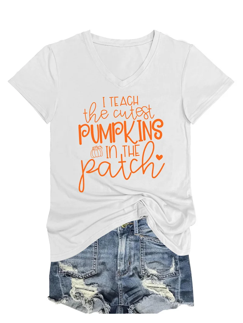 New fashion women's cotton summer i teach the cutest pumpkins Comfortable trend retro V-neck short-sleeved T-shirt