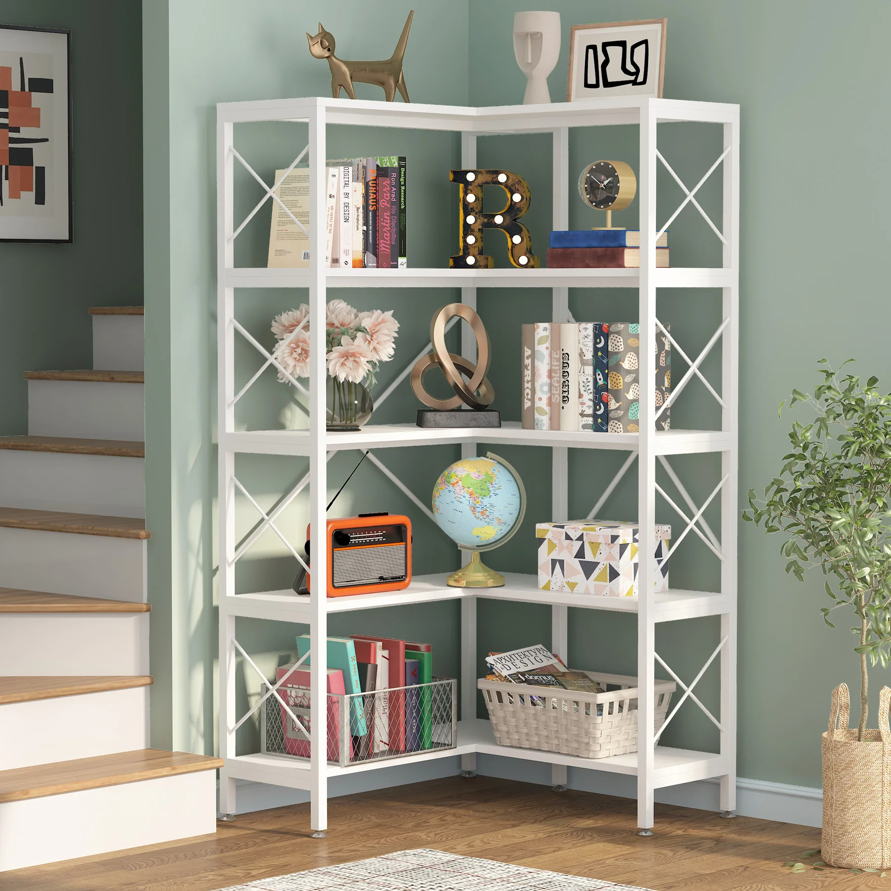 Tribesigns 5 Shelf Corner Bookcase, Industrial Large Corner Bookshelf, 5-Tier Tall Corner Shelf Storage Display Rack with Metal