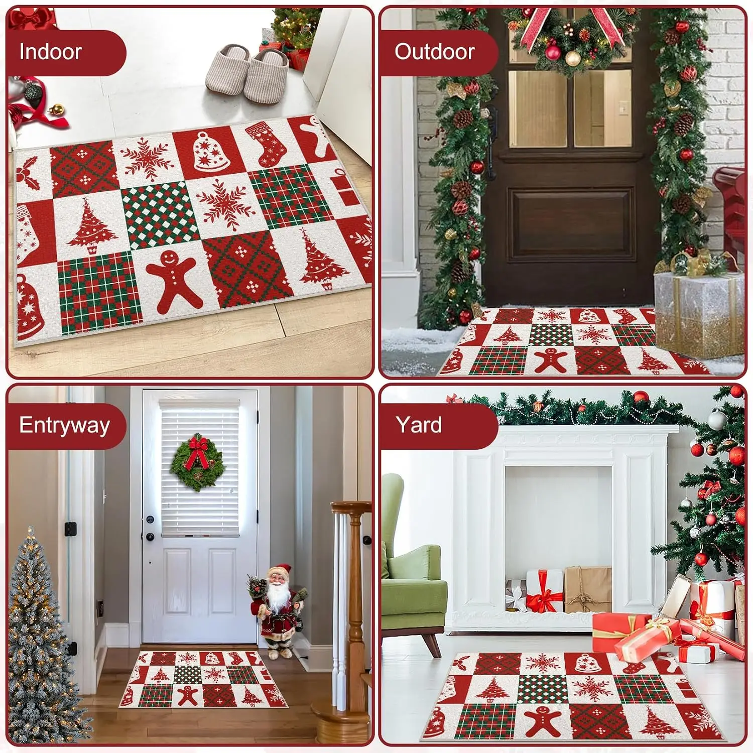 Paillasson de Noël à motif cubique 40×80 cm pour usage intérieur et extérieur, lavable, antidérapant, avec dos en caoutchouc durable et surface anti-salissures pour entrée, terrasse, cuisine et couloir.
