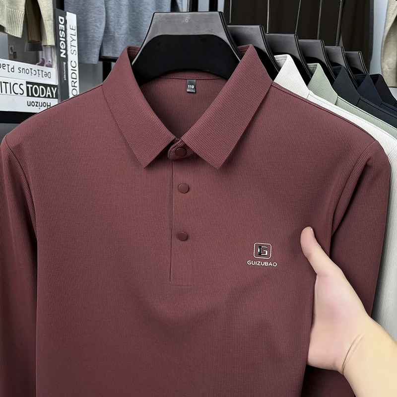 

2025 Популярная мужская высококачественная бесшовная футболка с длинными рукавами, осенняя новинка, деловая повседневная рубашка-поло с лацканами