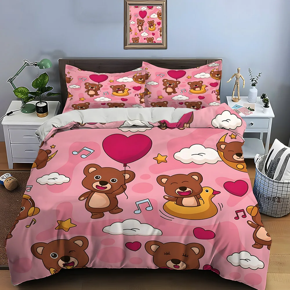 Cartoon bears on pink background Bedding Set for Kids Luxury Gift 3pcs Digital Print Comforter Set Soft Comfortable Breathable