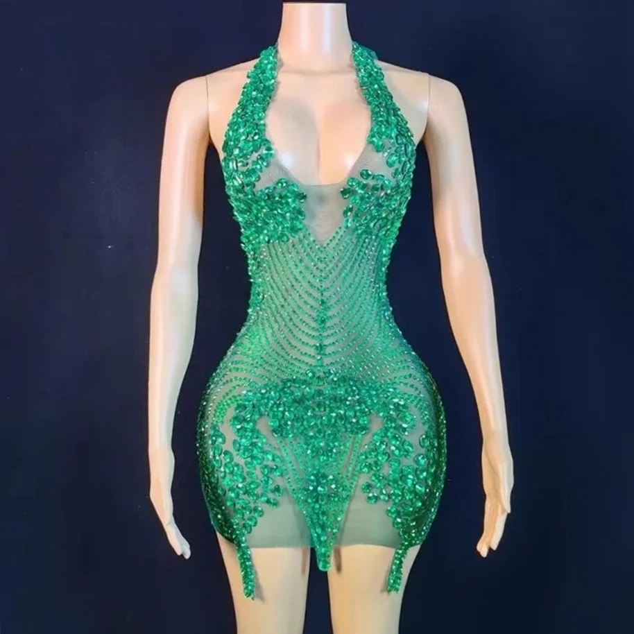 

Flashing Rhinestone Green Sexy Halter Backless Transparent Sheath Mini Dress Birthday Celebrate Costume Women Dancer Prom Outfit