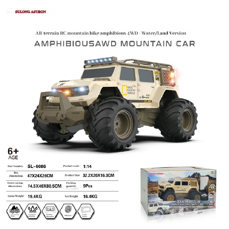 

SL6086 Amphibious 4WD RC Mountain Truck 1:14 Scale Waterproof All Terrain Off Road Vehicle With LED Lights For Kids