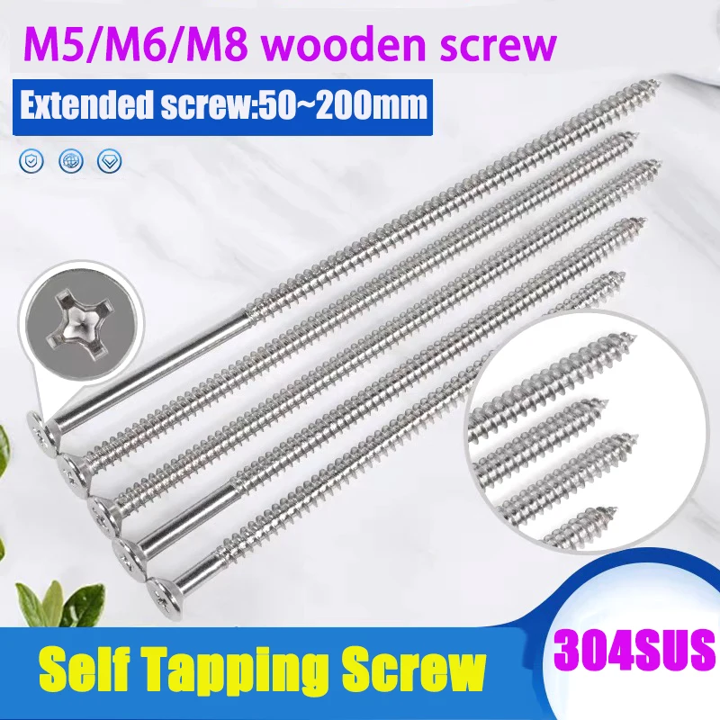 

M4/M5/M6/M8 304 Stainless Steel Extended Flat Head Self Tapping Screw Countersunk Screw Switch Socket Wooden Screw L:50-200mm