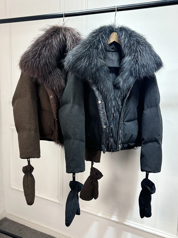 2026 Luxury Winter 90% White Duck Down Wool Blends Jacket Women Real Natural Huge Fox Fur Thickened Warm Puffer Wool Down Coat