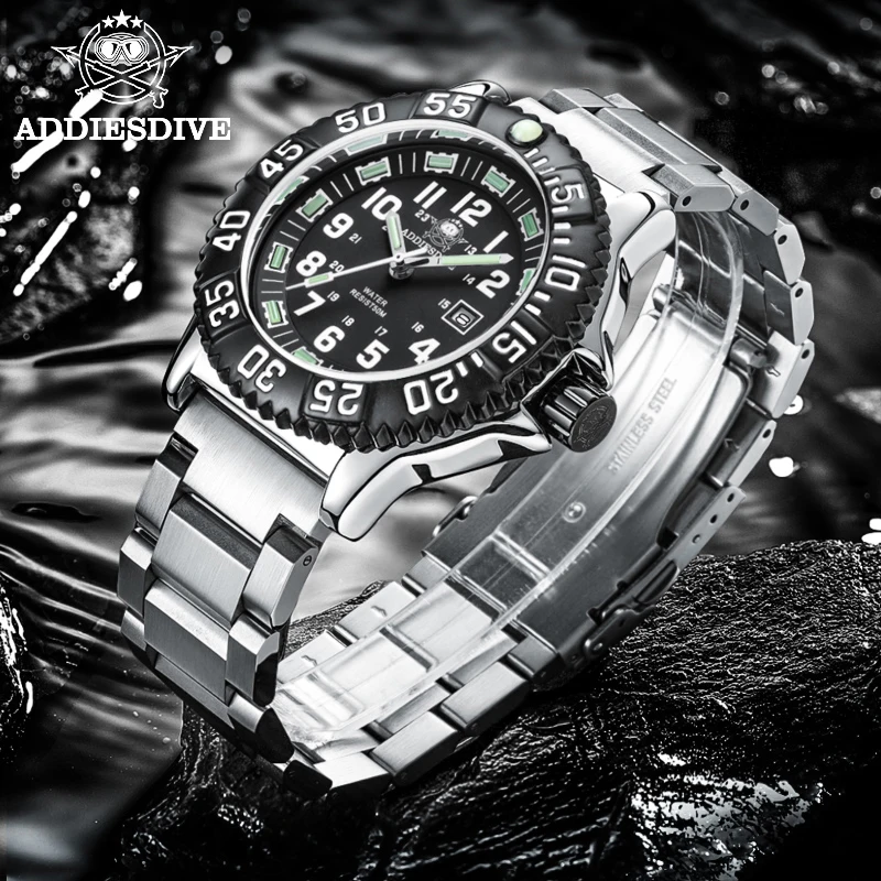 

ADDIESDIVE Men's Quartz Watch Silver Steel belt Wristwatches Vintage 50M Waterproof Luminous Watches High Quality Men Wristwatch
