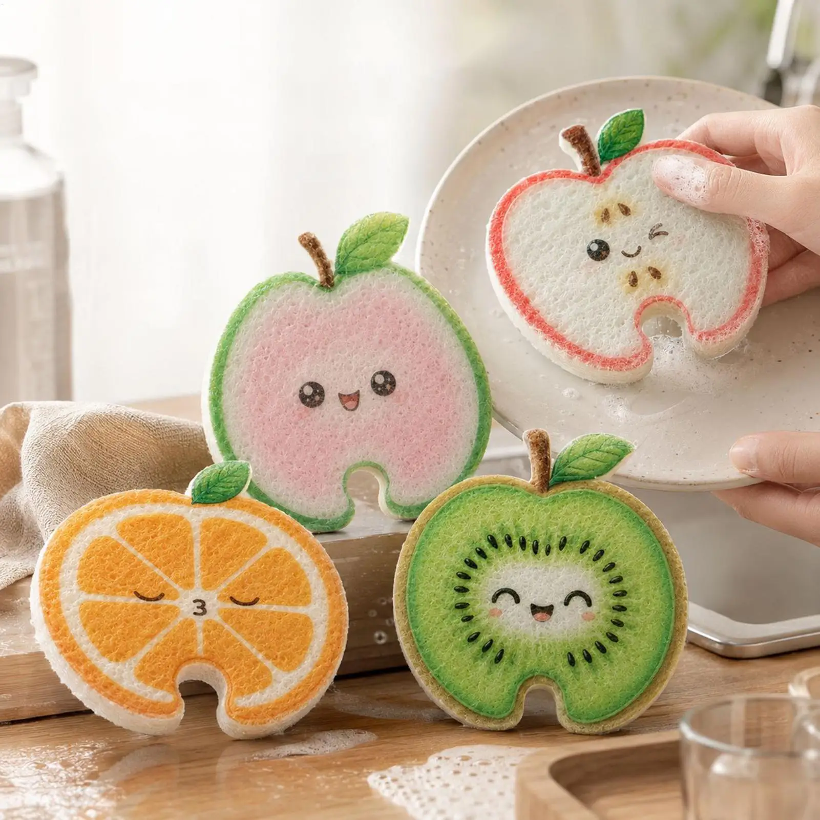 Fruit Shaped Kitchen Scrub Sponge Compressed Wood Pulp Non-Scratch Absorbent Cleaning Pad For Bowl Pot Home Bathroom Dorm Washi
