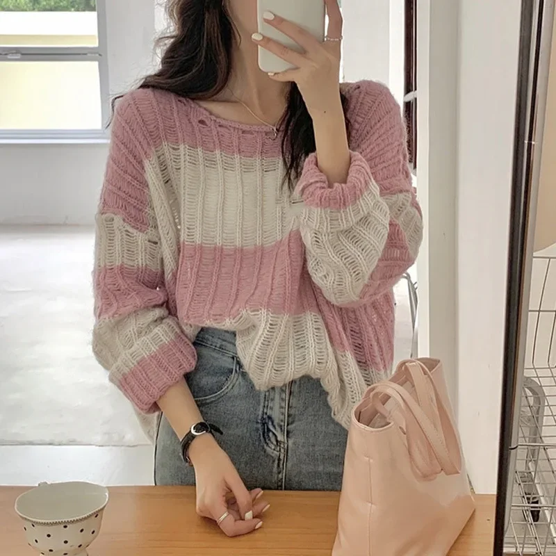 

Striped Knitted Hoodie for Women 2024 Early Spring New Design Sense Niche Loose Hollow Sunscreen Shirt Top for Women