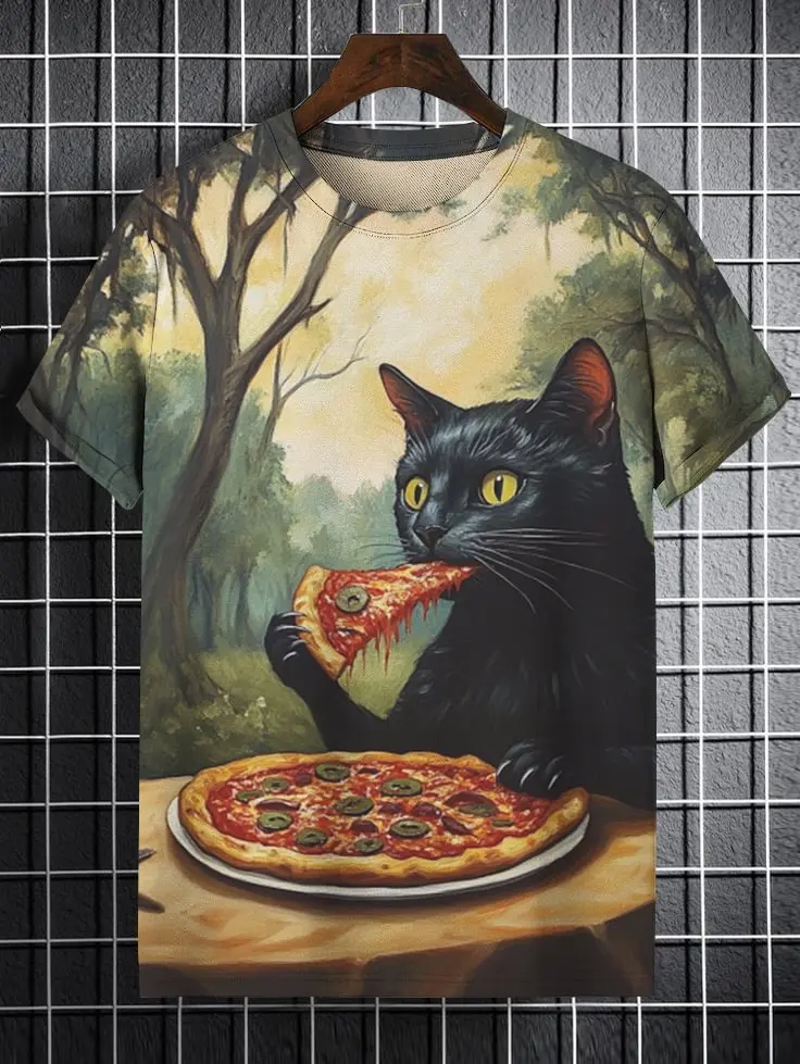 

Мужские футболки с героями мультфильмов, футболки с 3D принтом Cat Eating Pizza Art, мужские и женские футболки с короткими рукавами и круглым вырезом, повседневная уличная футболка Y2k, верхняя одежда