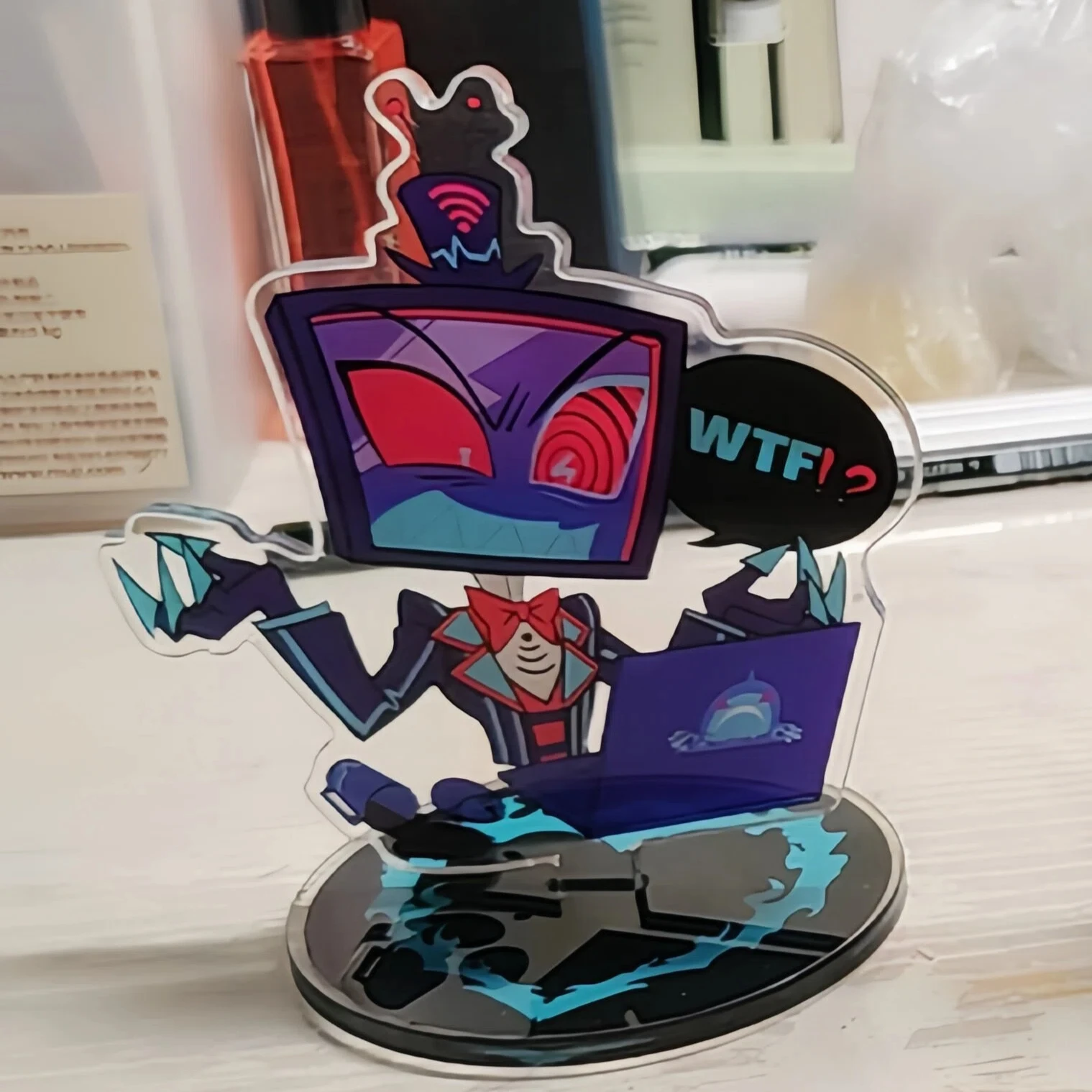 Hazbin hotel pelúcia boi presidente escritório ventilador portátil 10 cm acrílico suporte chaveiro pp clipe série personalizado acessórios da moda