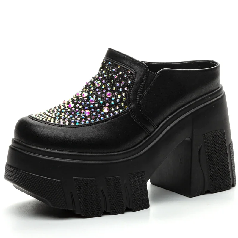 Women's Slippers 11cm Super High Heels 2025 Women Fashion Mesh Splicing Leather Round Toe Slides Crystal Ladies Mules Shoes