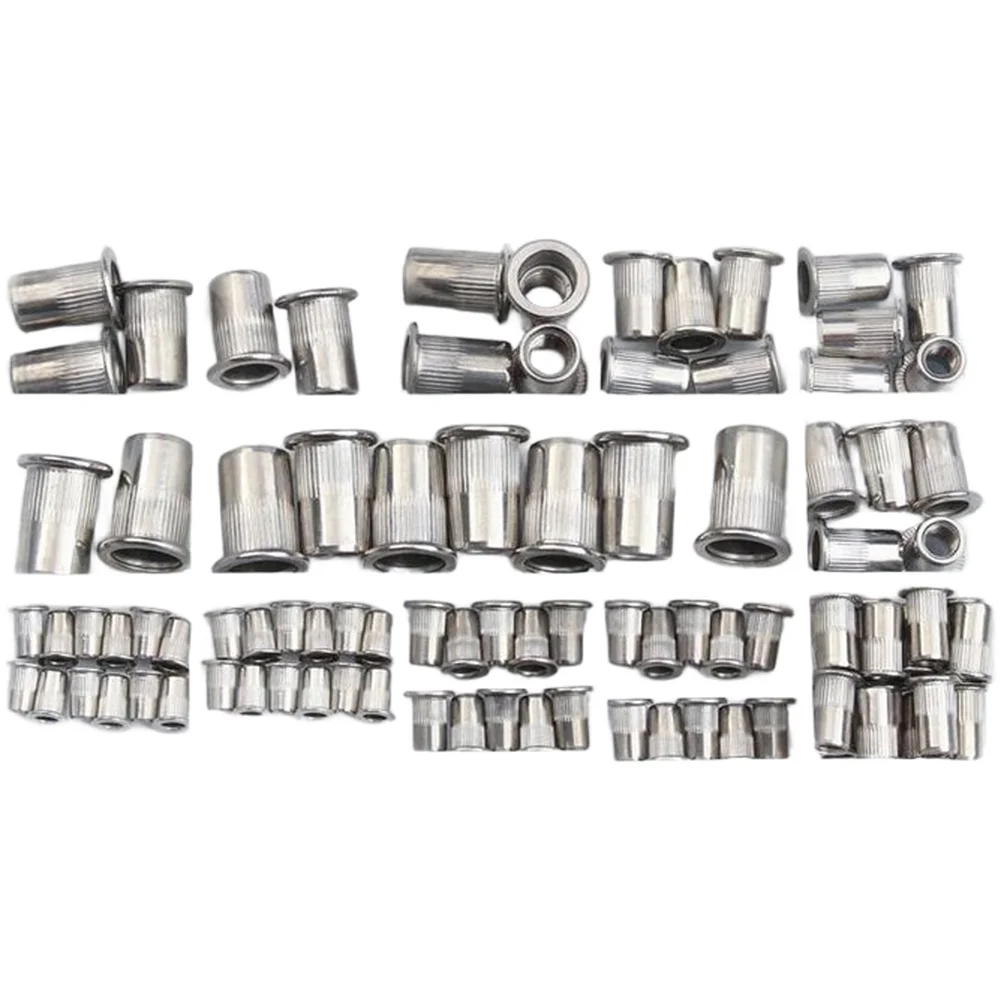 93PCS 304 Stainless Steel Rivet Nut Kit with Flat Head Grooved Design for M3 M5 for m6 M8 for m10 Threaded Inserts and Tool Set