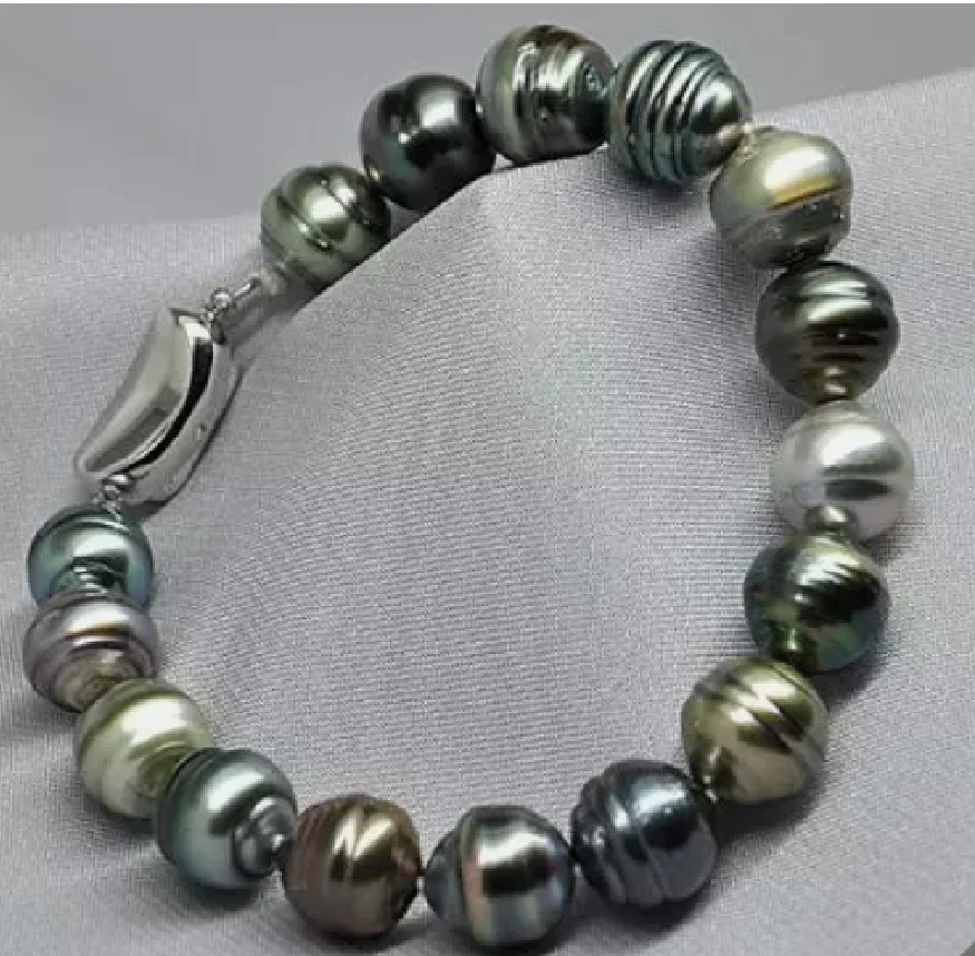 

Очаровательный браслет из натурального морского черного многоцветного жемчуга 7,5-8 дюймов 12-14 мм, ювелирные изделия из стерлингового серебра 925 пробы