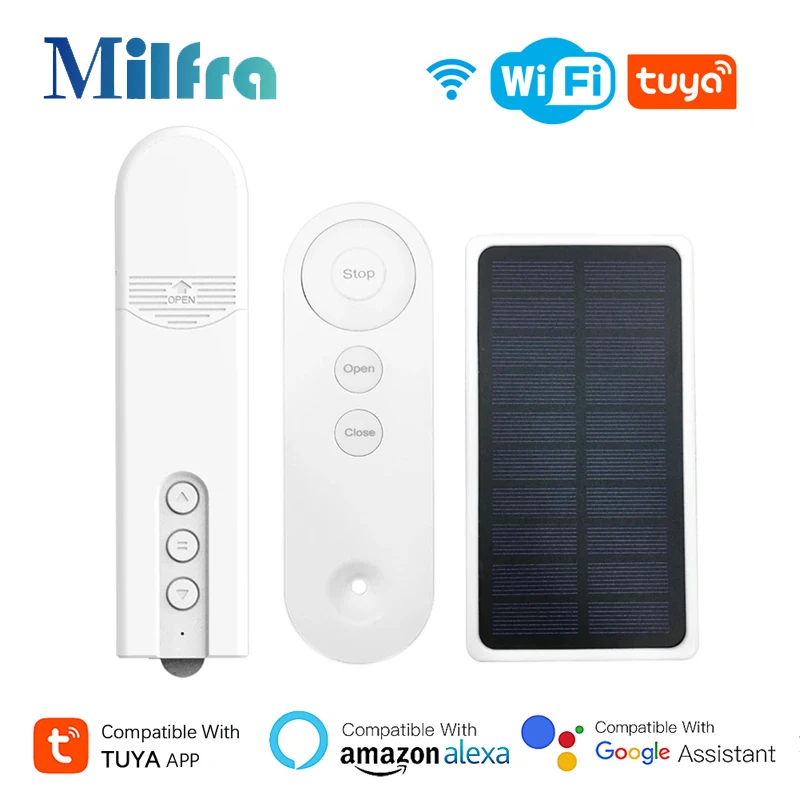 

Tuya WiFi Smart Electric Shutter Roller Blind Curtain Motor with RF Remote Solar Panel Voice Control for Alexa Google Home Alice