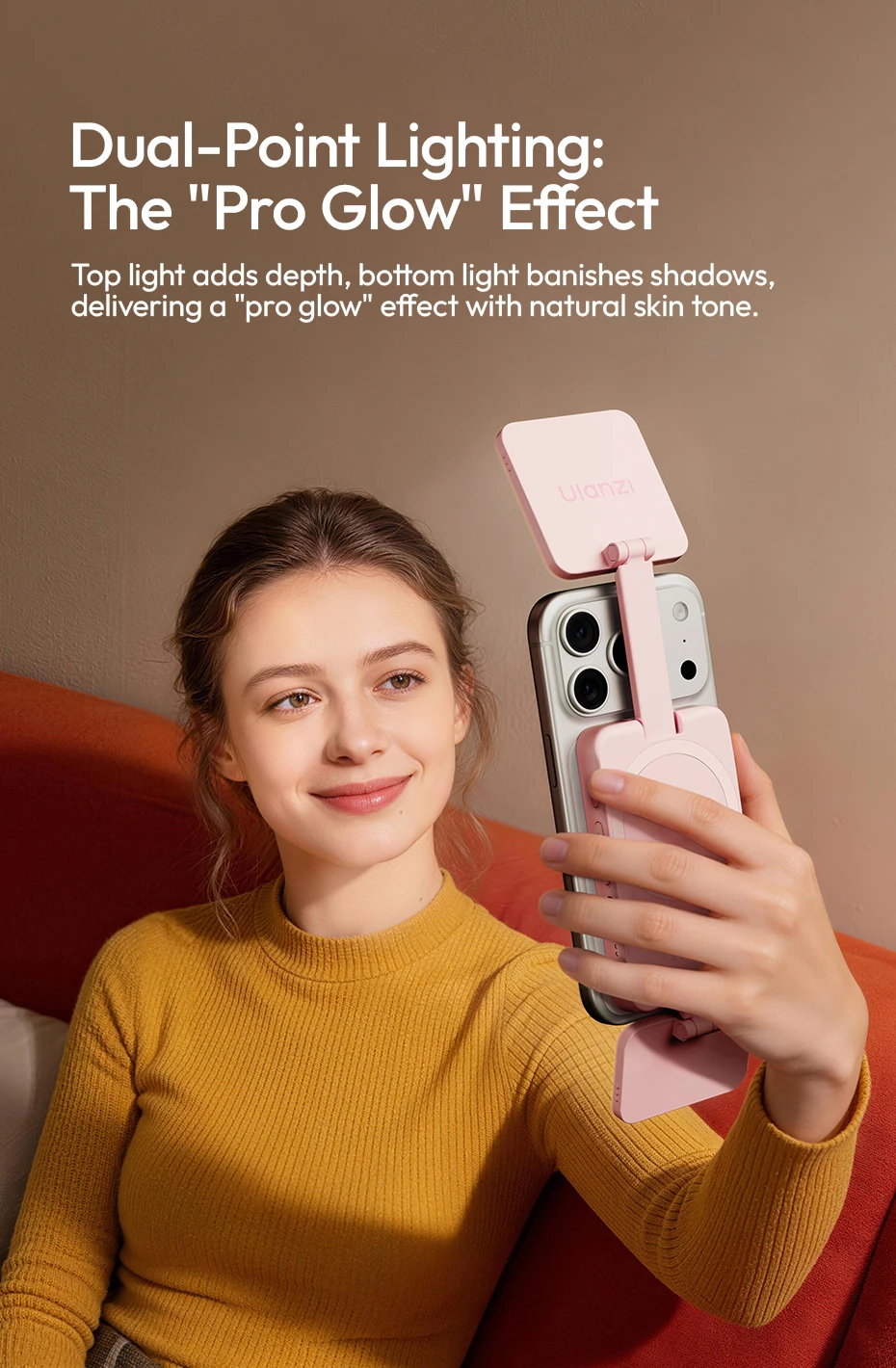 Ulanzi GL01 GlowUp Fill Light – Beidseitiges magnetisches Selfie- und Videolicht für iPhone 17, 16, 15, Huawei und Xiaomi – Detail 4