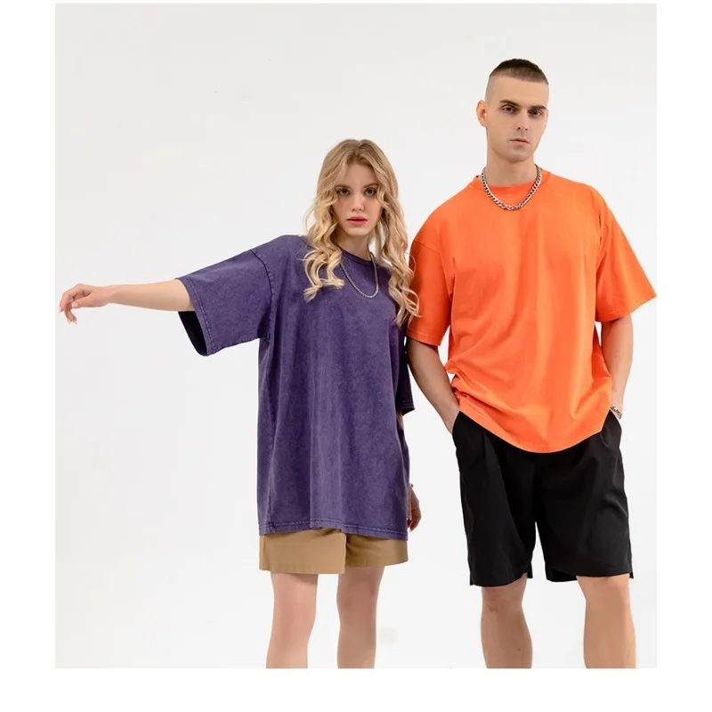 Loose Bleach Stain  Heavyweight Summer Top American Style Retro Washed Snowflake Short Sleeve Round Neck T-Shirt