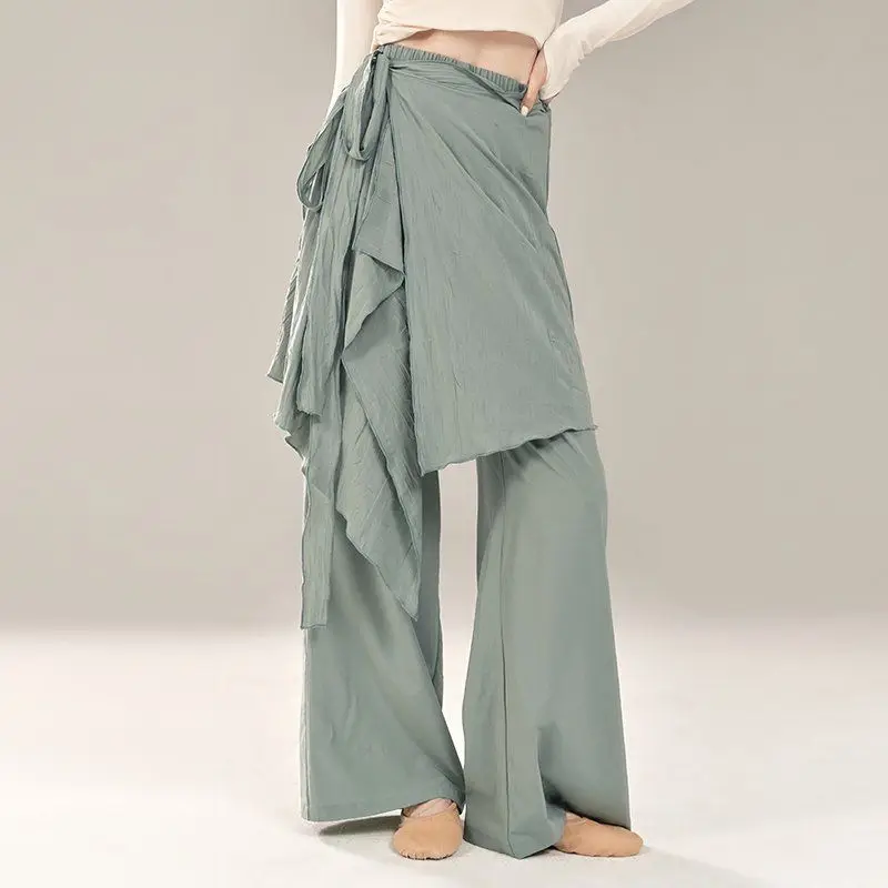 Modern Dance Fake Two-Piece Skirt Pants for Women with Wide Legs Waist Tie High Waist Elegant Training Solid Color