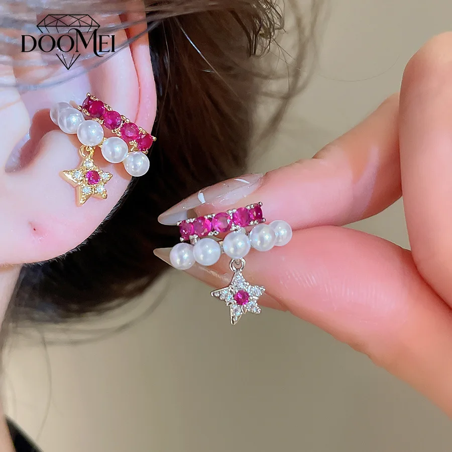 DOO MEI Cute Star Ear Cuff Clip Earrings for Women Inlaid Cubic Zirconia Earrings Sweet Dating Wedding Party Ear Jewelry