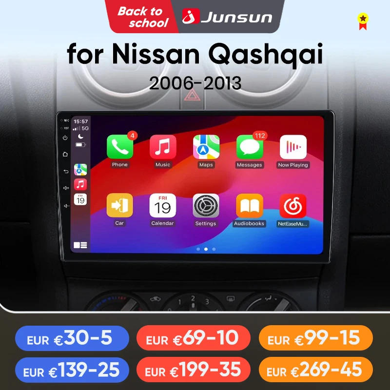 Junsun Wireless CarPlay Android Auto autoradio per Nissan Qashqai J10 2006 - 2013 RDS 4G WiFi GPS 2din Bluetooth