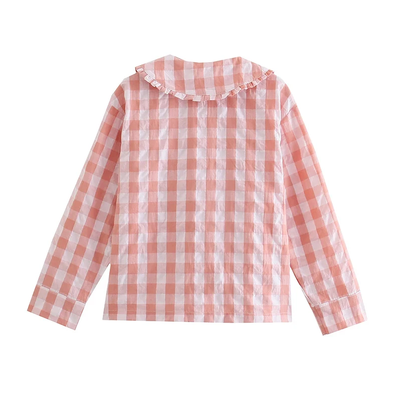 SIYANG Women Sweet Plaid Peter Pan Collar Shirts Female Pockets Decoration Blouses Ladies Casual Tops