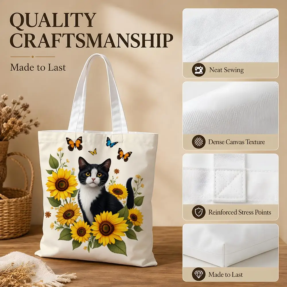 Modern Cat & Sunflower Storage Bags Canvas Tote Bag Women Large Capacity Reusable Shopping Shoulder Bag Daily Handbag