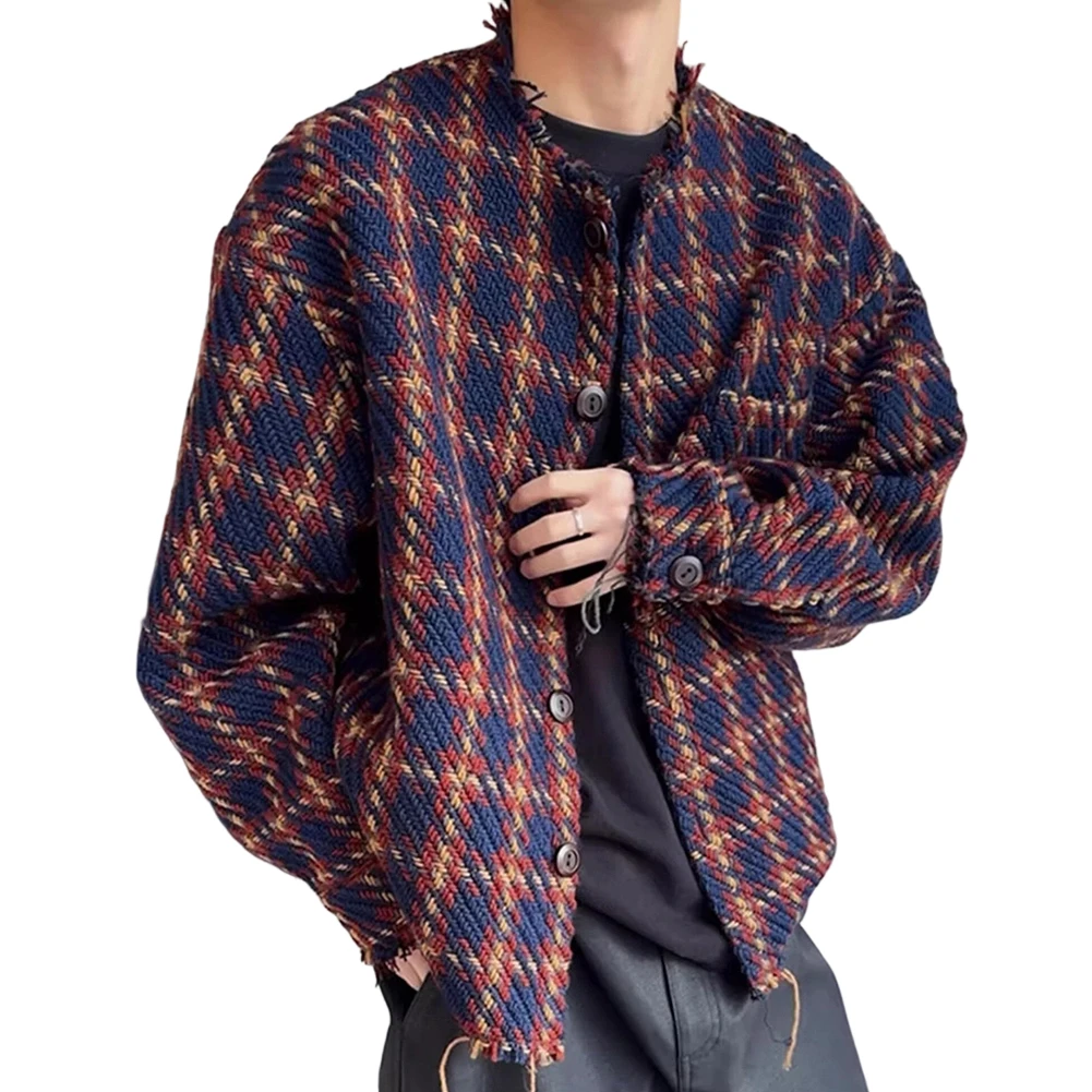 Men Loose Fit Outerwear Jacket Jacket Raw Edge Design Blue As Pictures Show Retro Plaid Jacket Contrasting Pattern