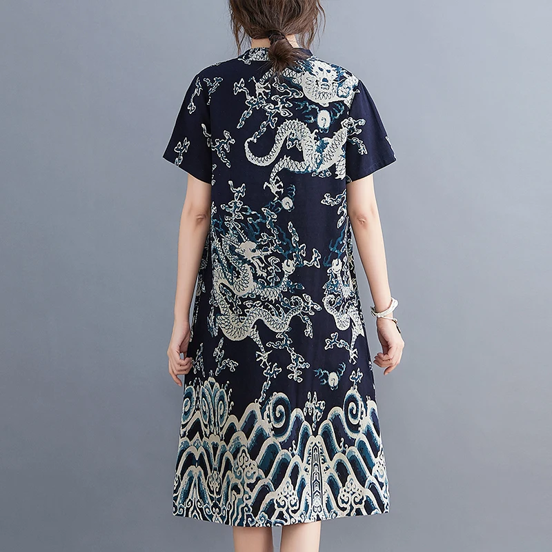 Summer New Sle Northeast Large Flower Ethnic Artistic Cotton Linen Print ort Sve Women's Qipao Dr Traditional Chine...