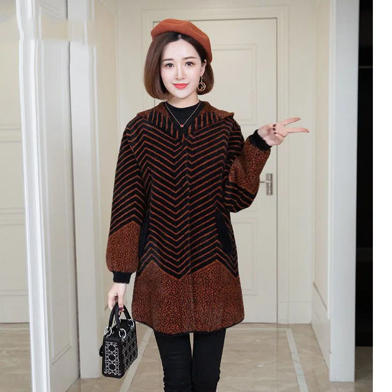 Female Imitation Mink Fur Mid Length Autumn Winter Windbreaker Women Knitted Cardigan Women's Woolen Overcoat Thick Loose Coat