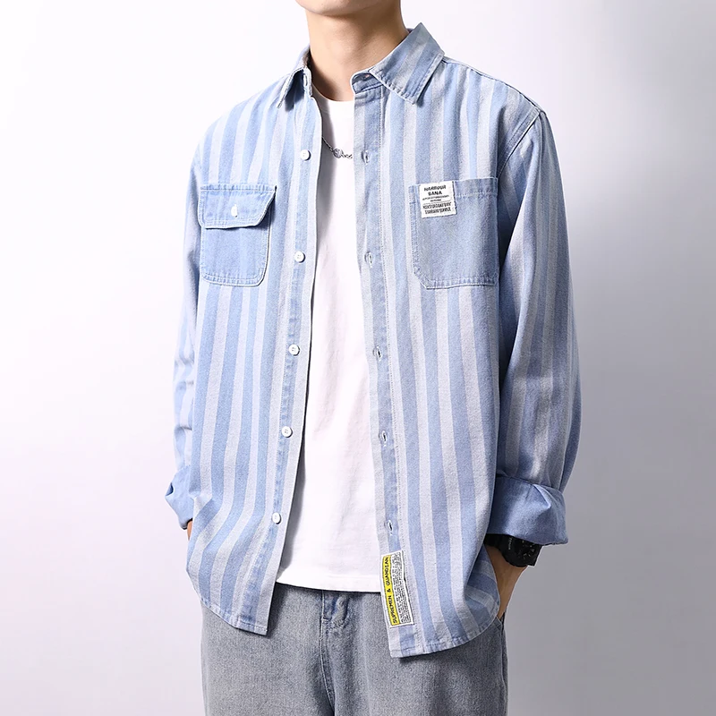 2024 autumn new denim long sleeved shirt men's loose striped shirts for men  streetwear  men clothing  designer clothes men
