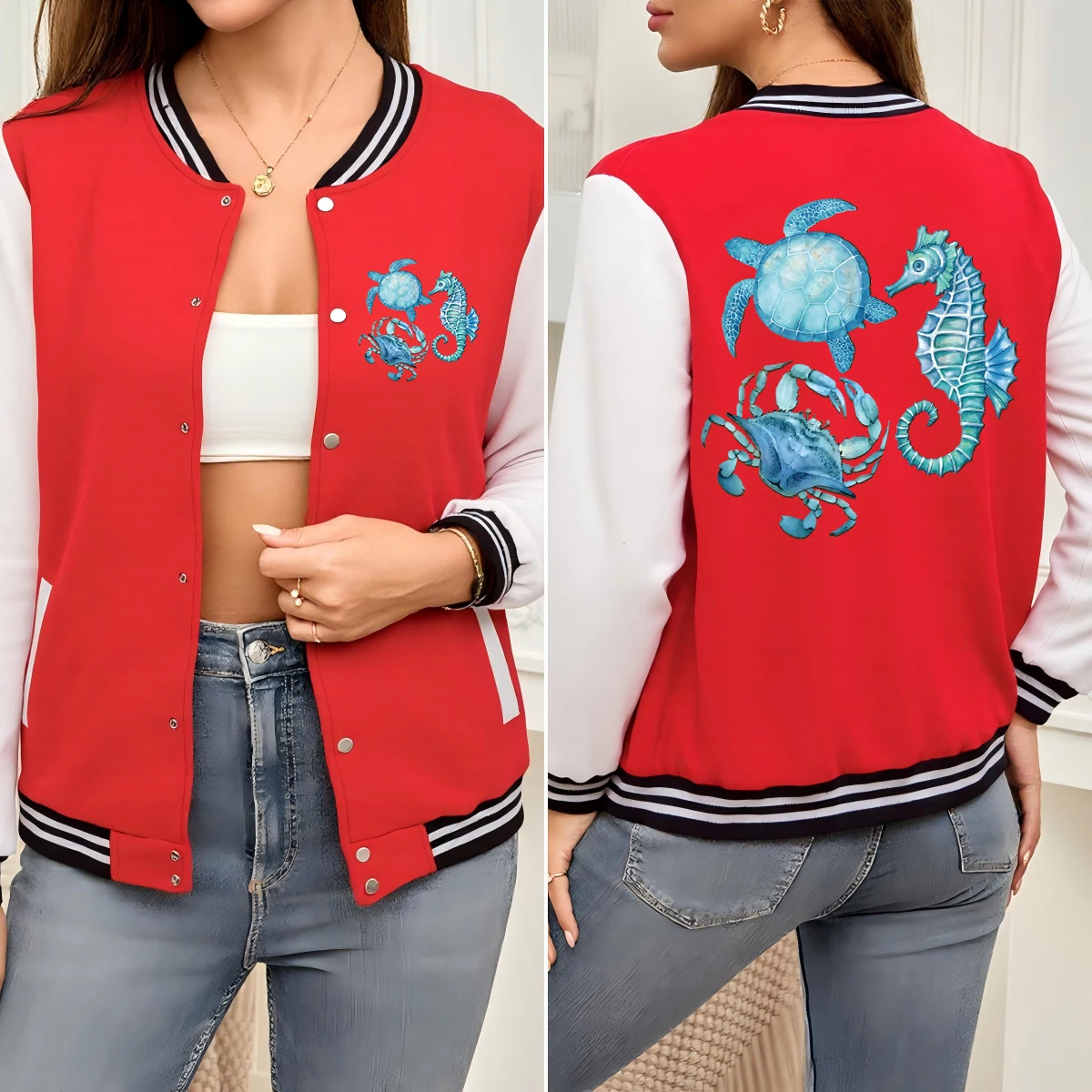 

Ocean Turtle Crab Seahorse Pattern Baseball Uniform Women Oversize Colorful Streetwear Autumn Cotton Jackets Hip Hop Soft Top