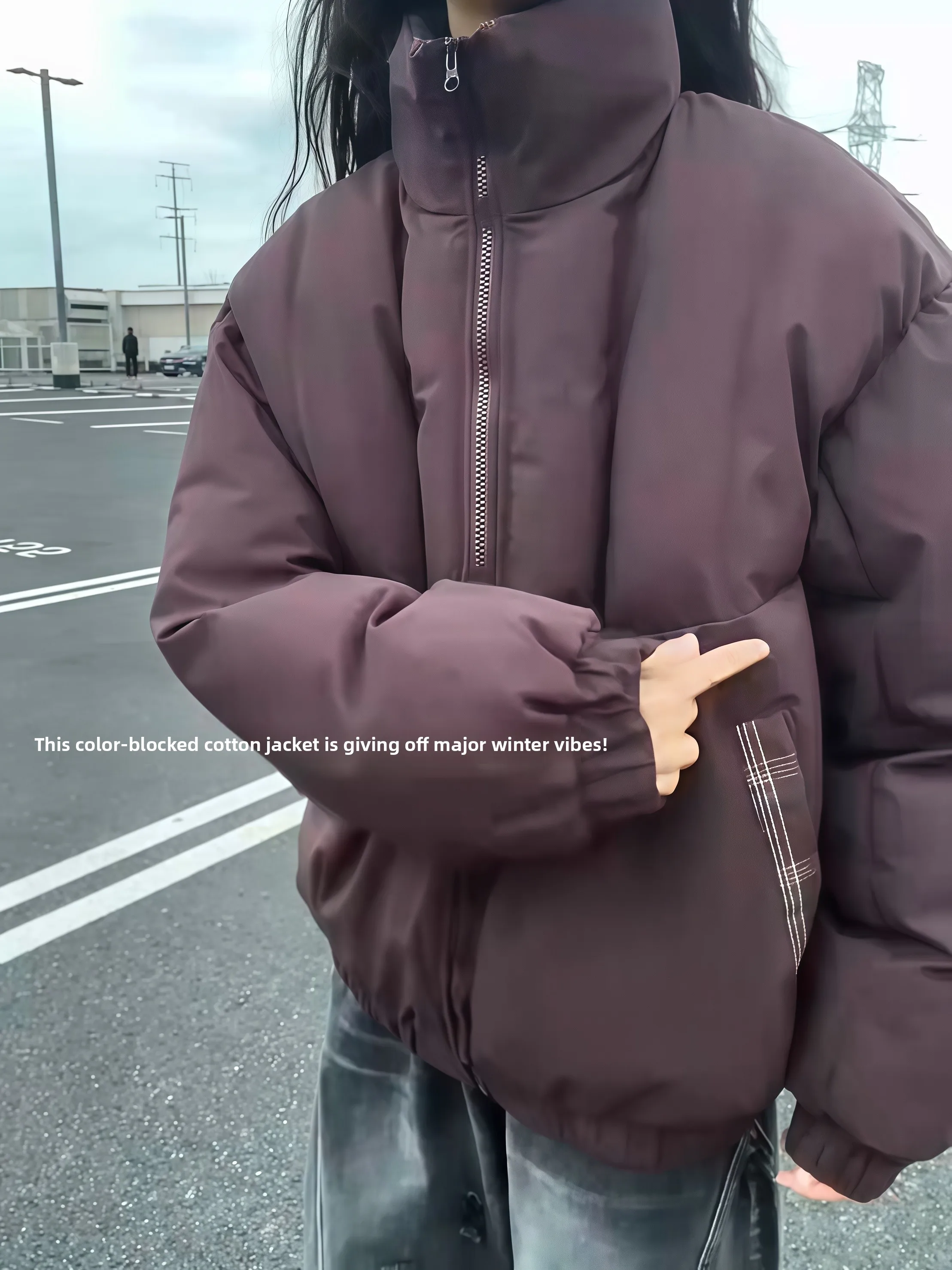 

Утепленная хлопковая куртка-пуховик унисекс с воротником-стойкой и контрастным клетчатым дизайном, зимнее теплое пальто