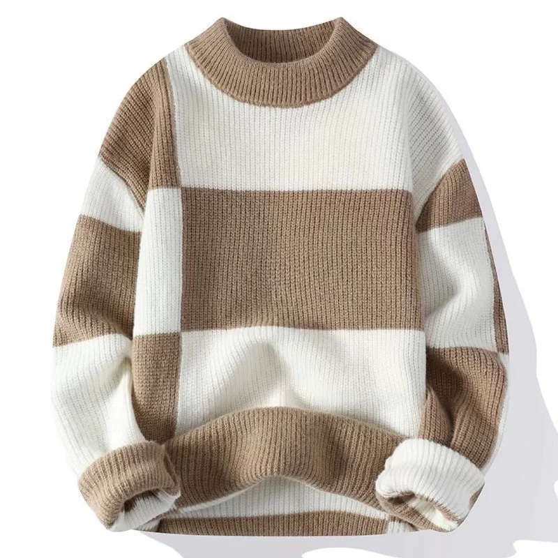 Color Block Sweater Men Crew Neck Autumn Winter New Arrival Casual Simple Thickened Knitted Top Warm Loose Pullover