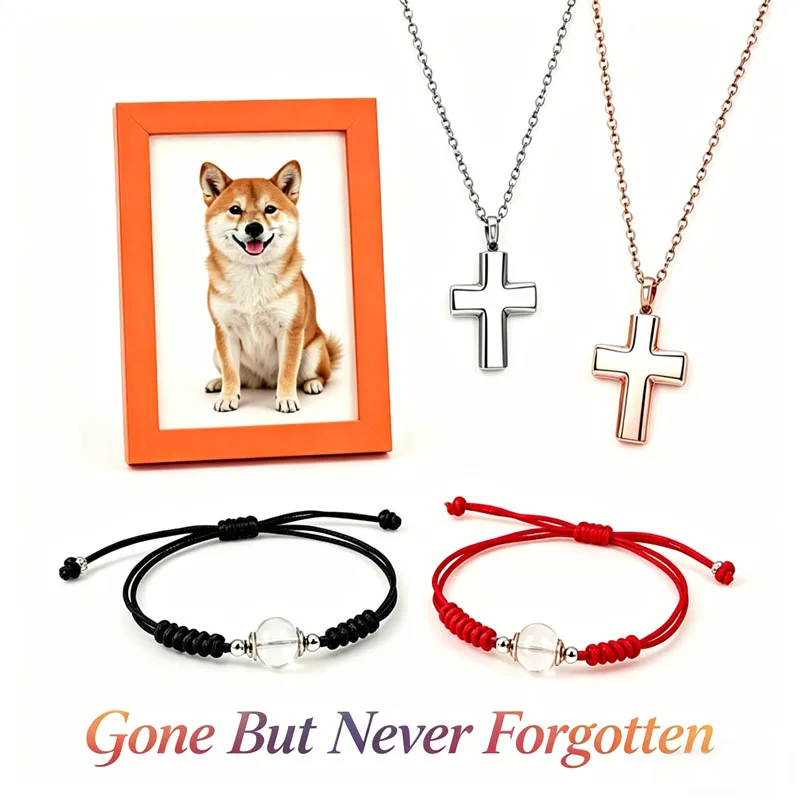 

Pet Loss Set Personalized Pet Picture Frame Cross Pendant Adjustable Braided Bracelet for Pet Ashes/Hair