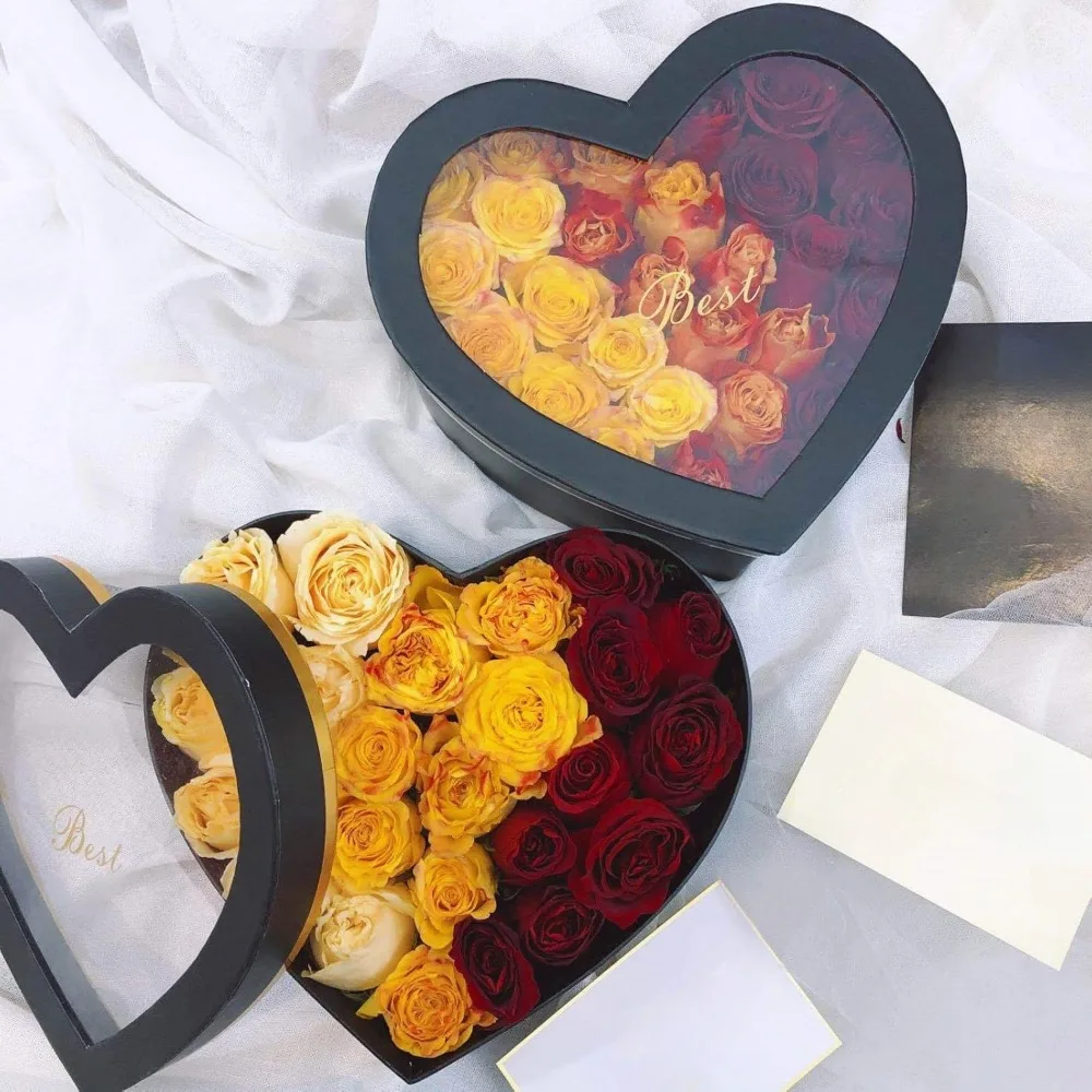 27x25cm Valentine'S Day Heart Shaped Flower Box Chocolate Sweets Charcuterie Packaging Heart Shaped Gift Box With Window Bags