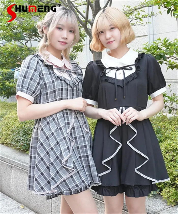 

Summer 2026 Japanese Mines Style Dress Set Splicing Ruffled Short-sleeved Dress High Waist Bud Shorts Plaid Two-piece Sets Women