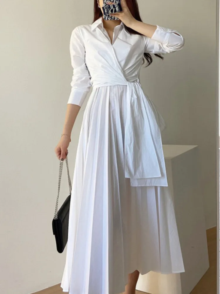 [EWQ] Women Khaki Simplicity Cross Straps To Close The Waist Dress New Lapel Long Sleeve Fashion Tide Autumn Autumn 2024 2F0361