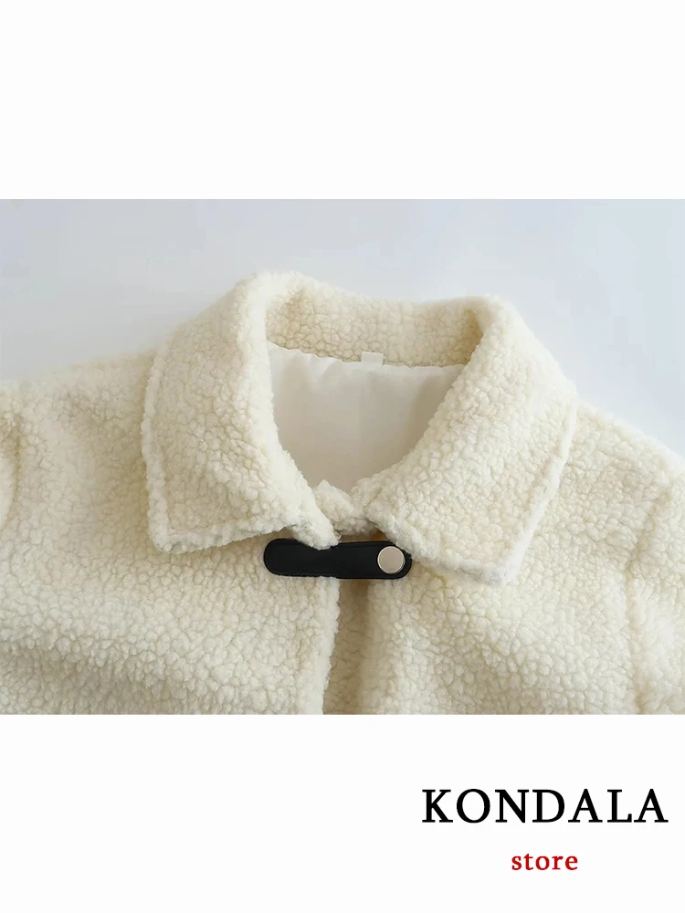 KONDALA Women Winter Autumn Lambswool Jackets Long Sleeve Buttons Warm Jackets Female Fashion 2022 Casual White Coats