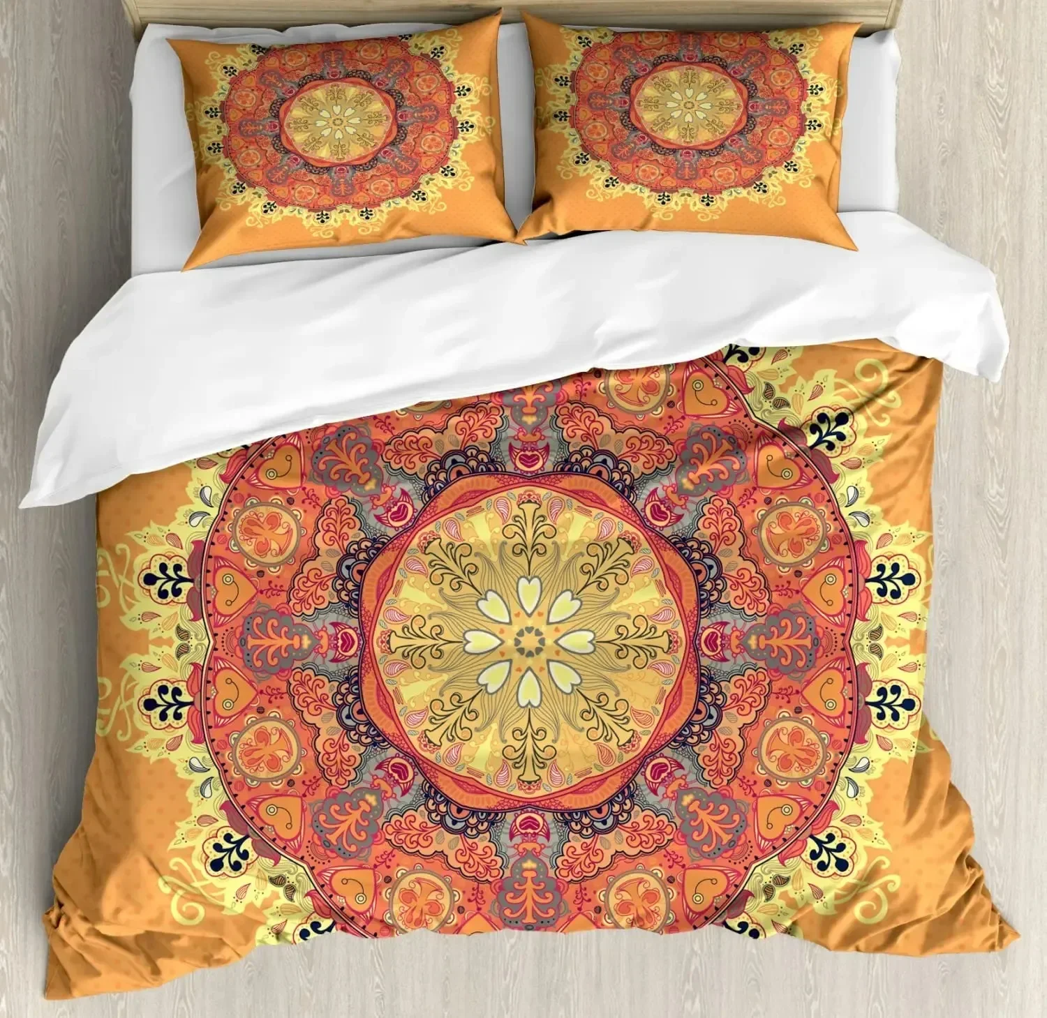 South Mandala Floral Bedding Set Vibrant Color Ornamental Illustration Duvet Cover Set Bohemian Mandala Lotus Design Quilt Cover