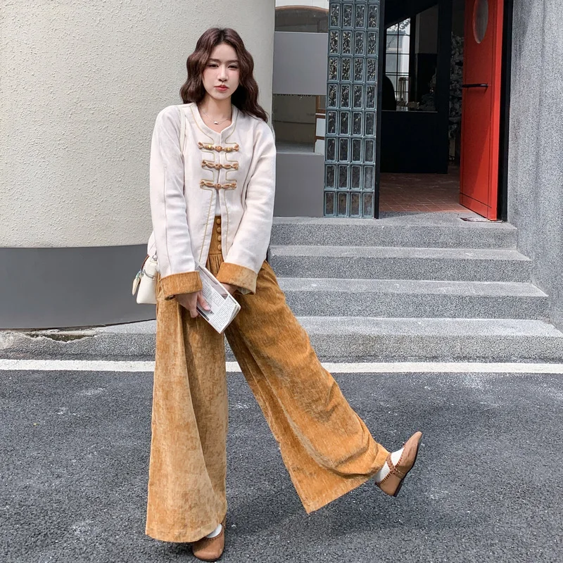 

Autumn and winter new Chinese style buckle short style color blocking jacket+retro temperament casual pants two-piece set