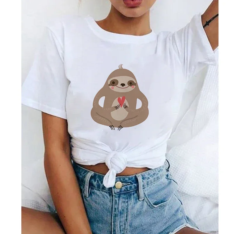 Lazy Sloth Funny Women T-shirt Summer Before Coffee After Coffee Animal Cup Top Loose Cute Cartoon T-shirt,Drop Ship