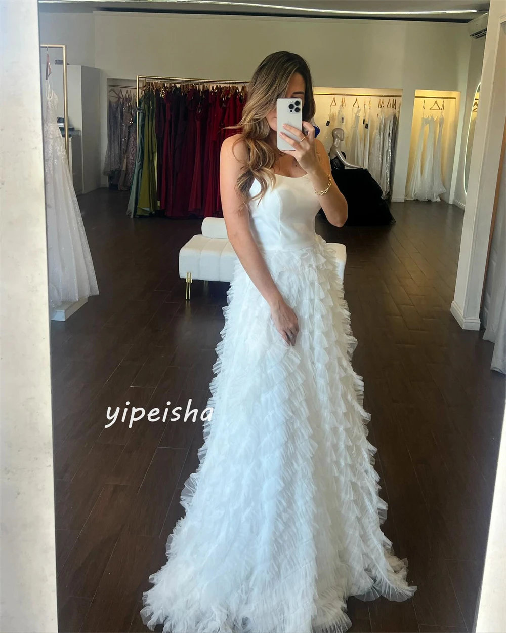 Robe trapèze en tulle froncé à plusieurs niveaux, robes longues, sans bretelles, occasion sur mesure