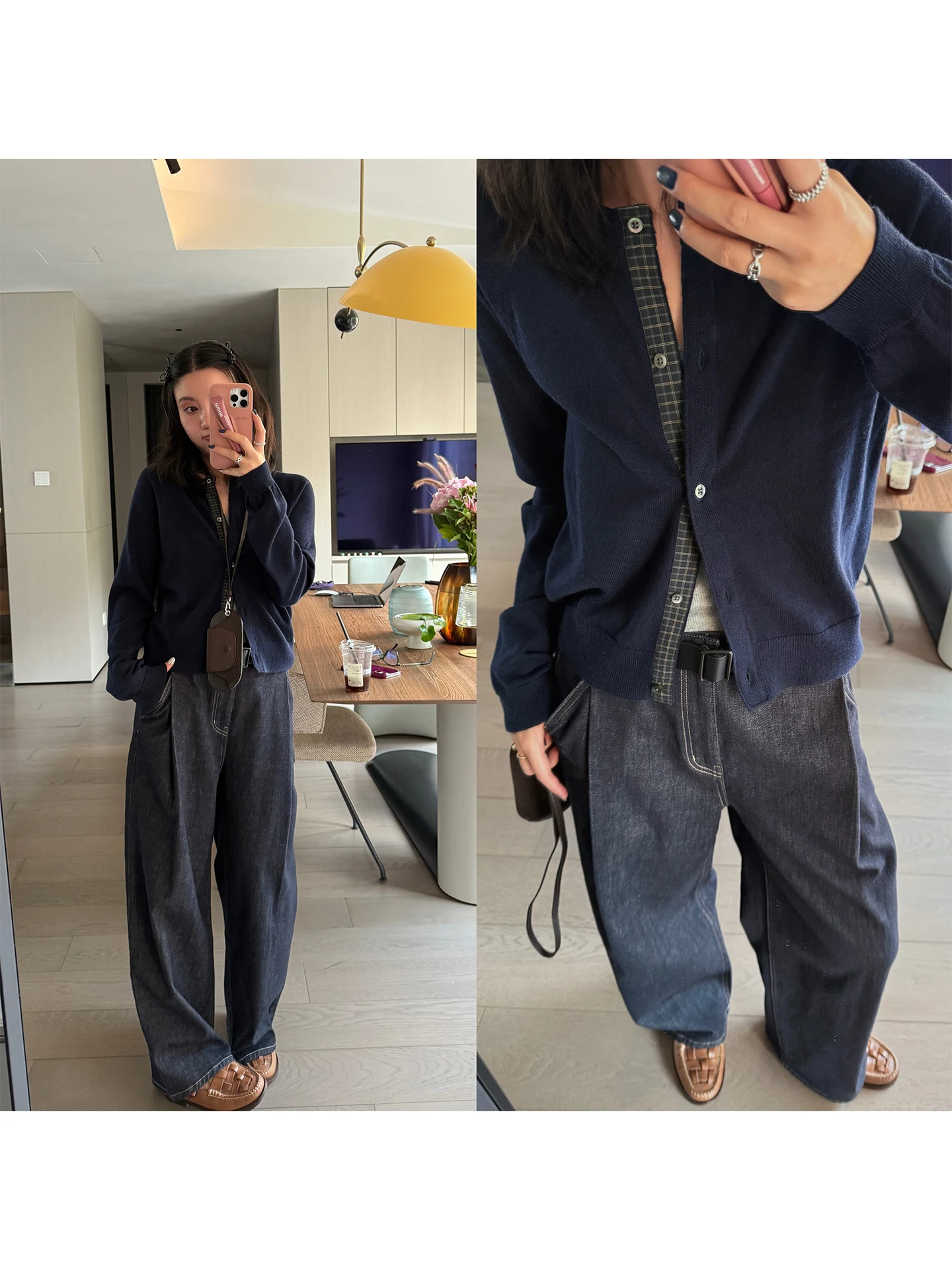 

iWiNG Minglei Knitted Plaid Patchwork Open Cardigan Regular Sve Long Sve V-Ne Button Door Front Casual Sle Women's ...