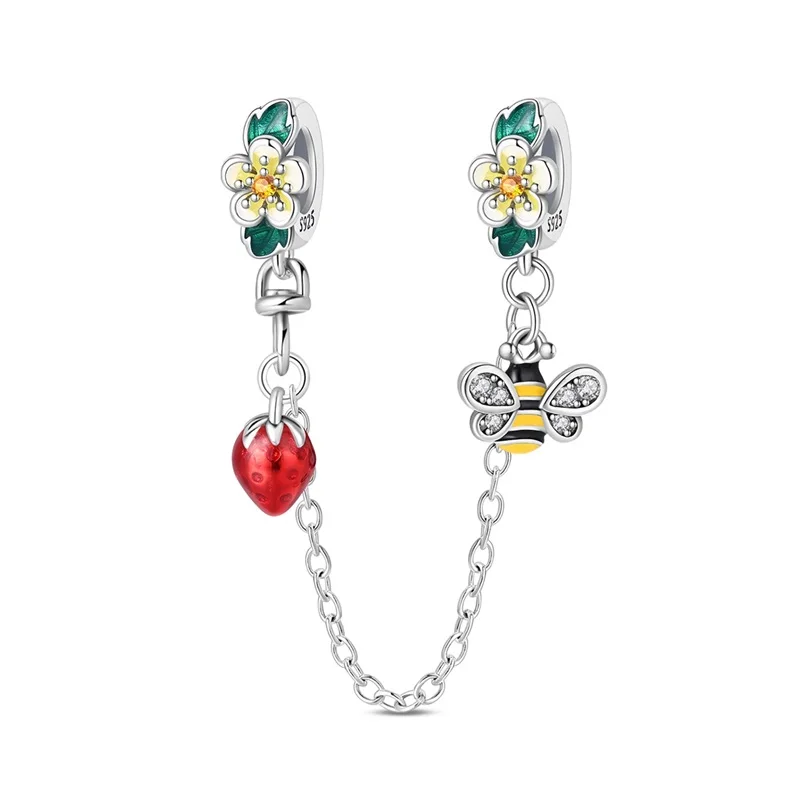 

925 Sterling Silver Bee Strawberry Safety Chain Charms Beads CZ Zircon Dangle Fit Original Bracelet DIY For Women Jewelry Gifts
