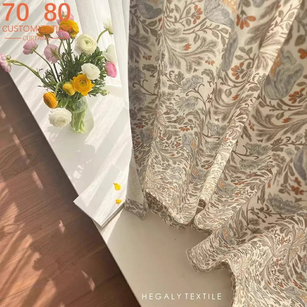 American Pastoral Blue Digital Printing Cotton Linen Curtains for Living Room Bedroom French Window Balcony Customized Products