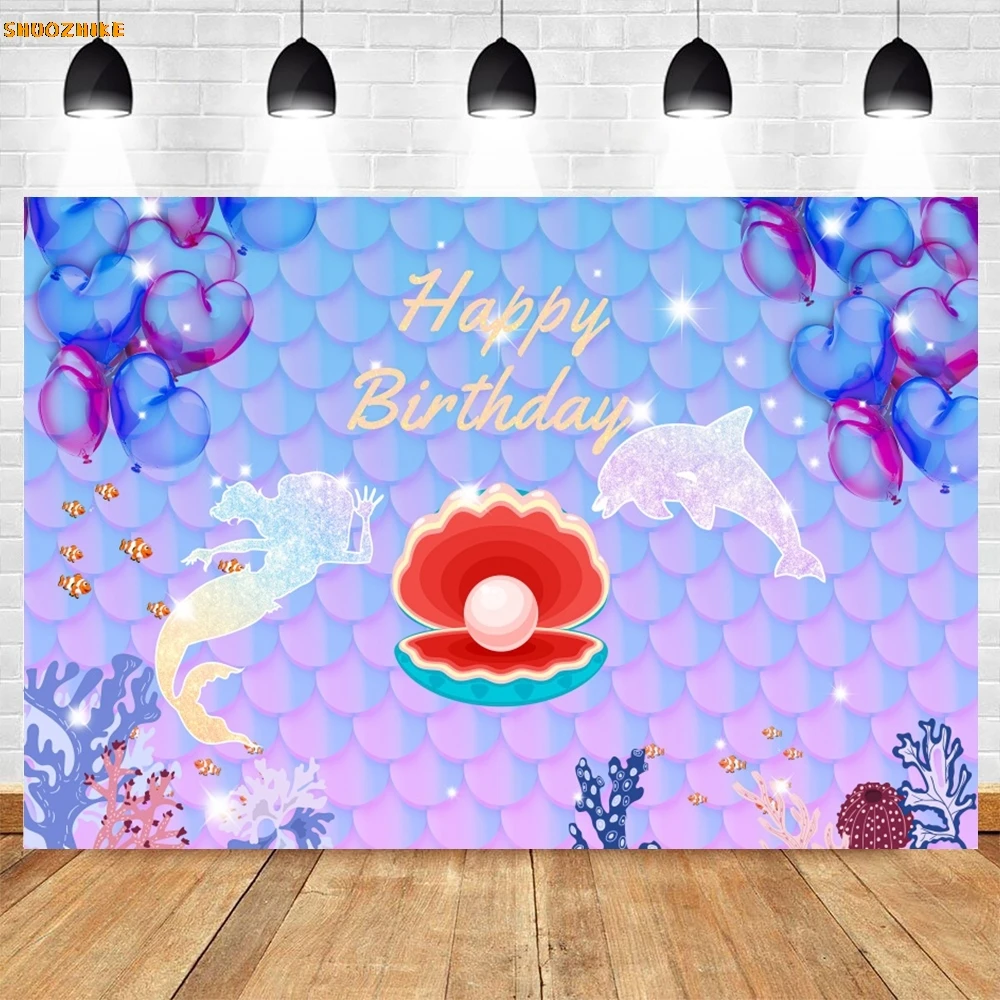 Mermaid Backdrop Underwater World Fish Scale Fish Tail Shell Pearl Princess Girls Birthday Party Photography Background Decor