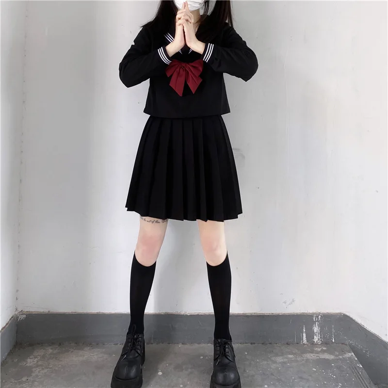 Uniforme escolar japonés para niñas, traje Jk de talla grande, corbata roja y negra, tres uniformes básicos de marinero, traje de manga larga para mujer