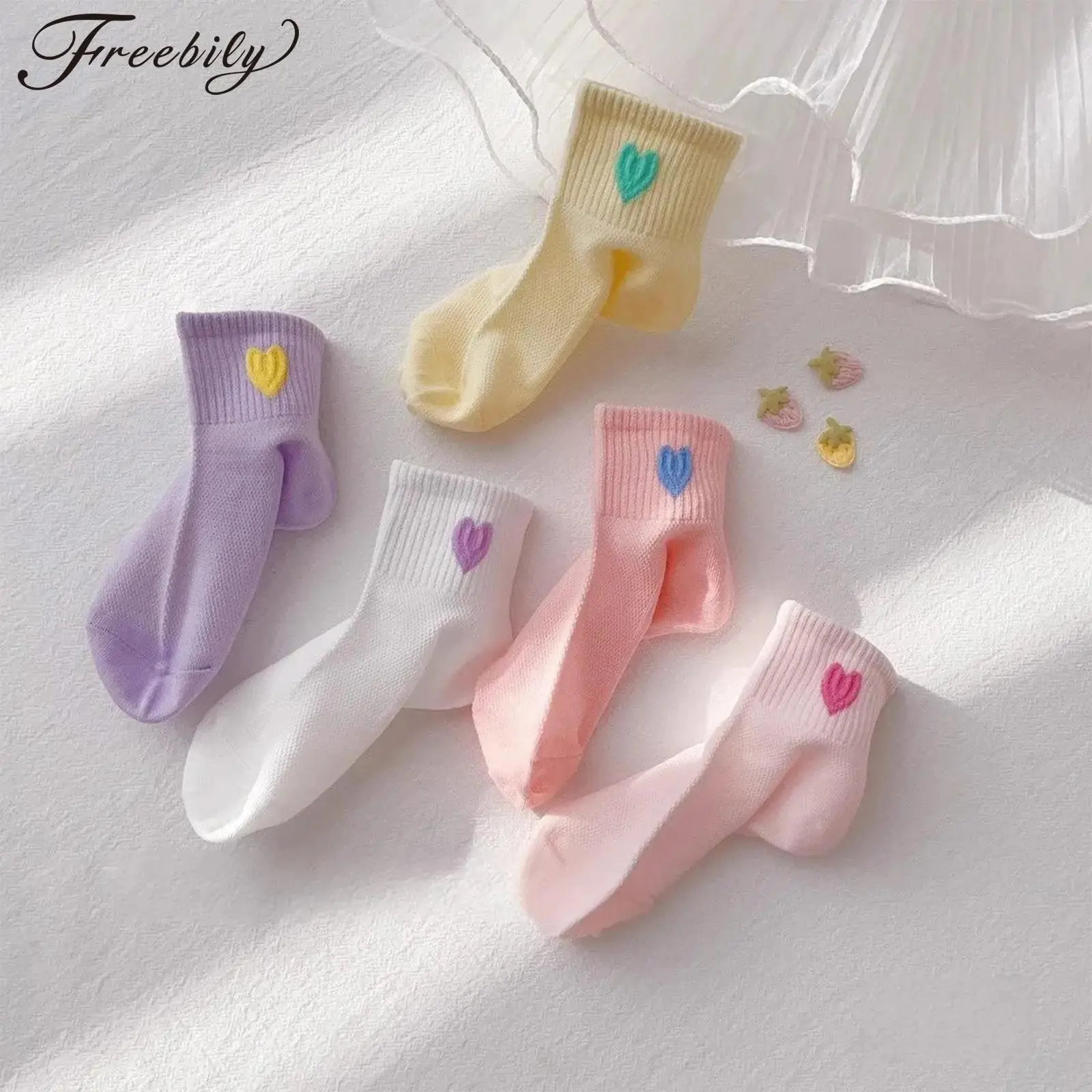 

5 Pairs Girls Cute Heart Shape Pattern Socks Mesh Breathable Comfortable Colorful Kids Ankle Socks Children Clothing Accessories