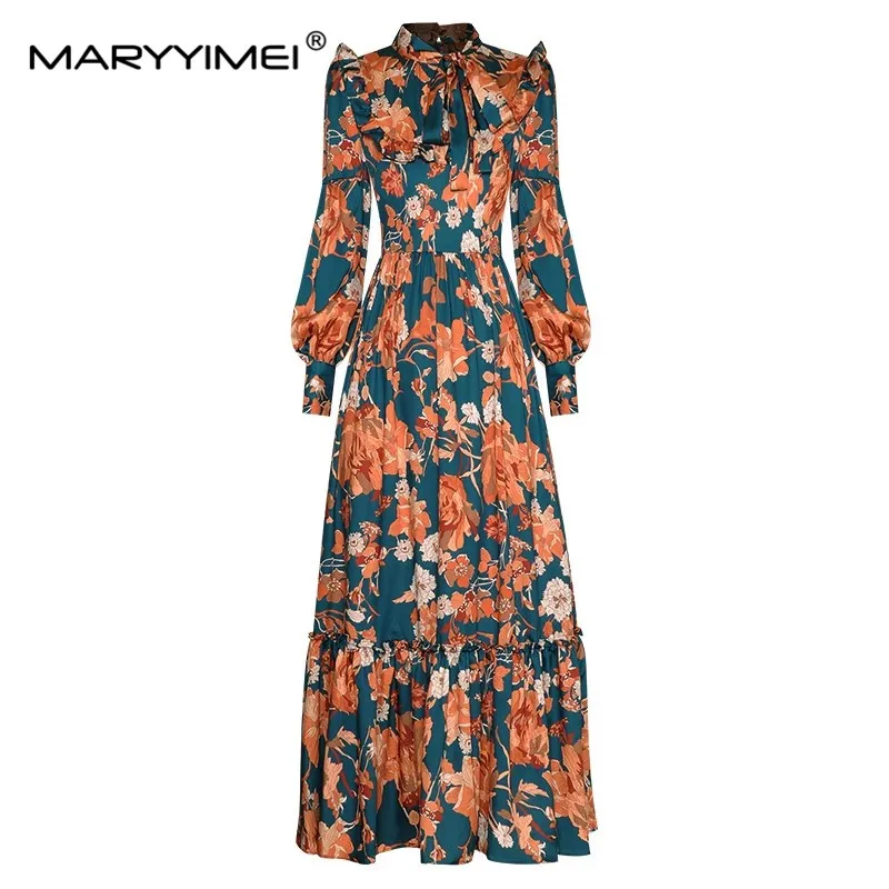 

MARYYIMEI Fashion Designer Women dress Lace up collar Ruffles Long sleeved Floral-Print Vintage Holiday Long Dresses